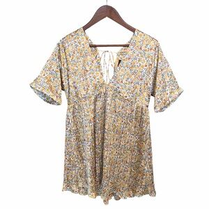 Lulus yellow floral short satin dress size XS deep V boho event guest western